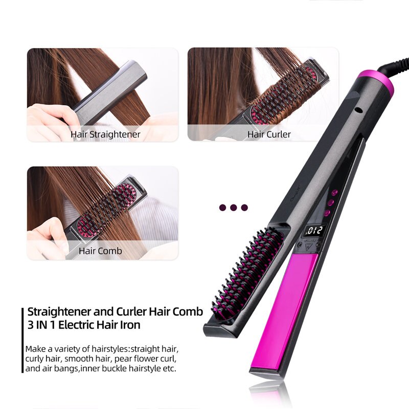 3 In 1 Professional Hair Straightener Curler Comb Flat Plate Iron LED