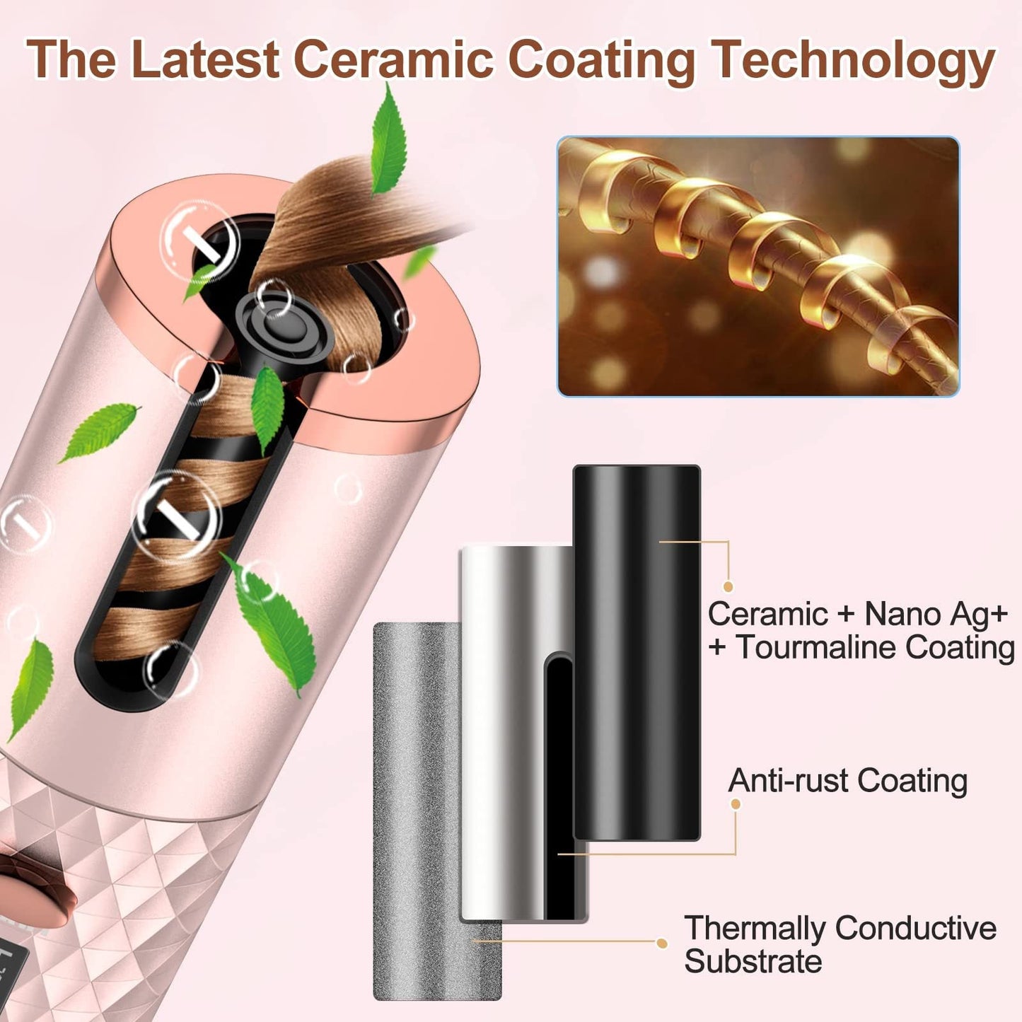 Portable Automatic Hair Curler, Ceramic Rotating Wireless Auto Curling